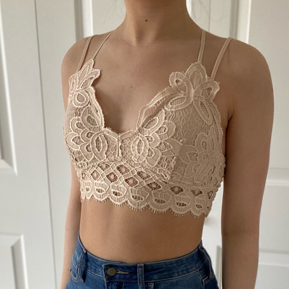 LACEY - Nude Color V Neck Criss Cross Back Lace Bralette